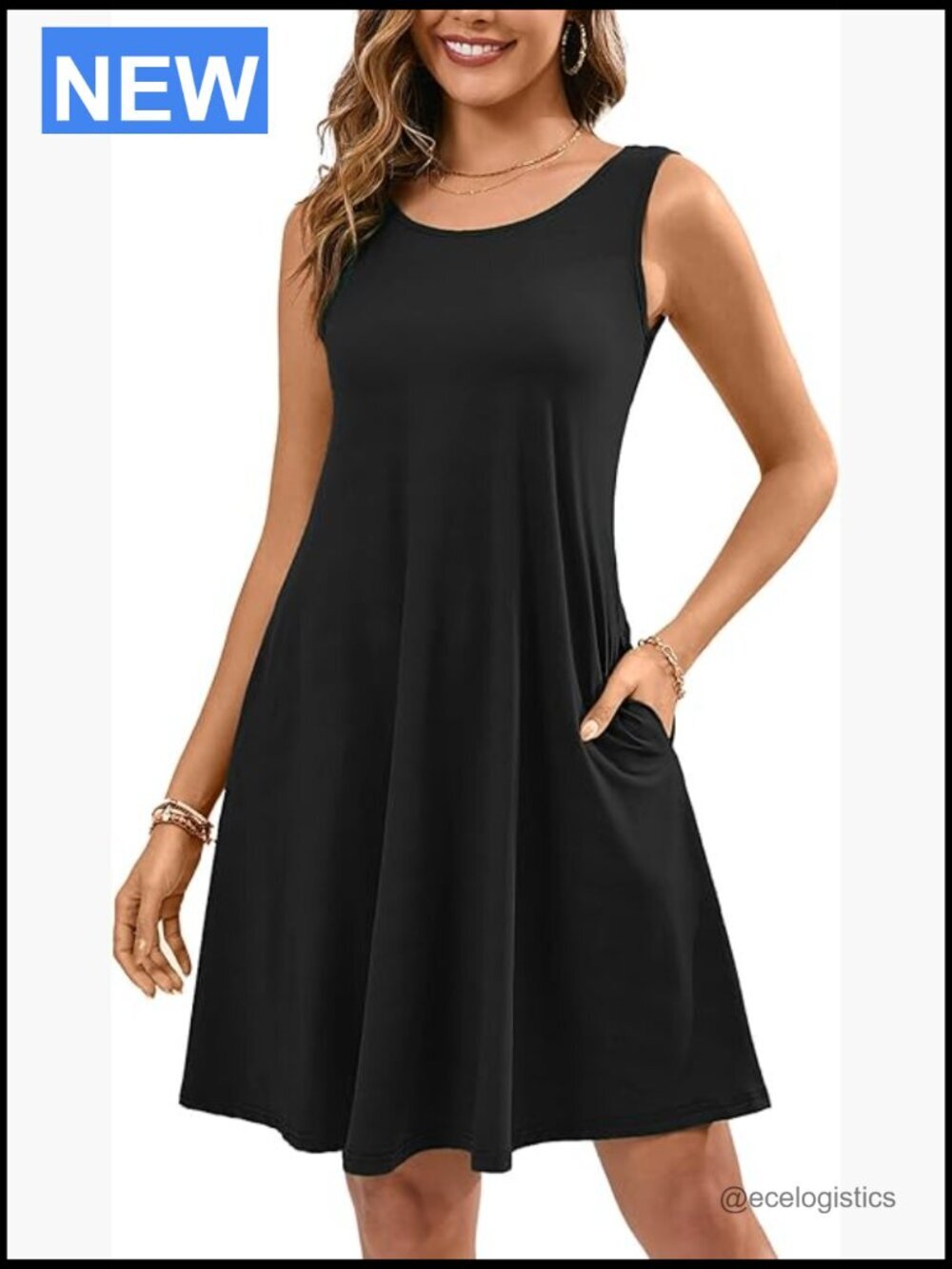 Casual T Shirt Tank Dress Sleeveless Swing Flowy Sundress with Pockets